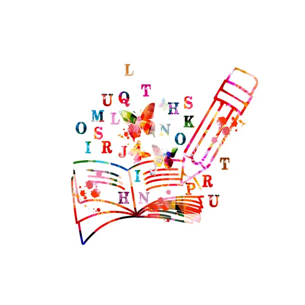 用铅笔 字母和蝴蝶分开打开的书 写一本书 讲故事 教育观念 图书馆 课程和课堂背景的色彩丰富的设计 矢量说明 — 图库矢量图片