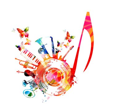 G-anahtarı, LP plak diski ve müzik aletleri vektör illüstrasyonlu renkli bir poster. Canlı konser etkinlikleri, müzik festivalleri ve gösteriler için oyuncu arka planı, parti broşürü