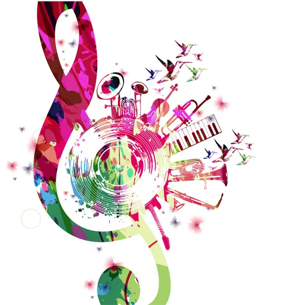 Cartaz Musical Colorido Com Clef Disco Vinil Instrumentos Musicais Ilustração — Vetor de Stock