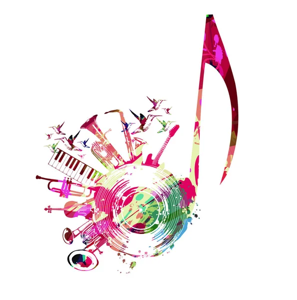 Колоритний Музичний Плакат Clef Вініловим Диском Векторною Ілюстрацією Музичних Інструментів — стоковий вектор