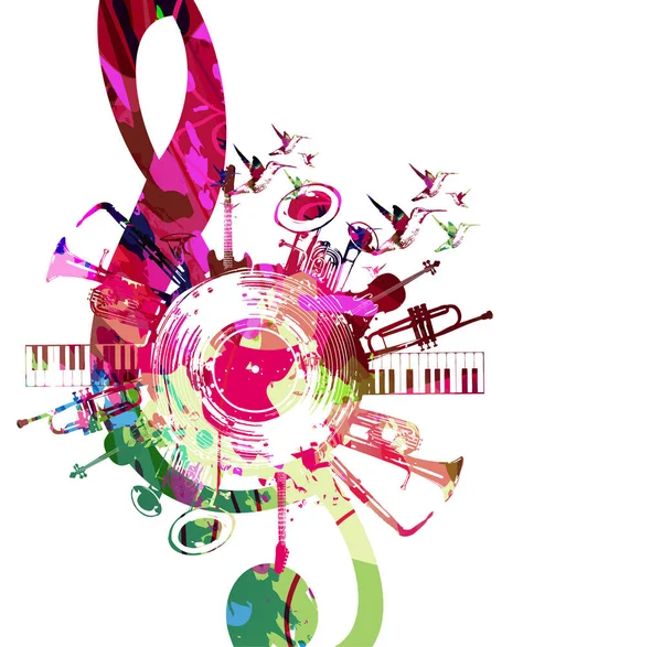 Affiche Musicale Colorée Avec Clef Disque Vinyle Illustration Vectorielle Instruments — Image vectorielle