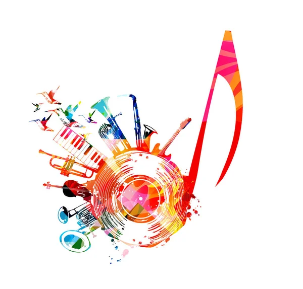 Kleurrijke Muzikale Poster Met Sleutel Vinyl Plaat Schijf Muziekinstrumenten Vector — Stockvector