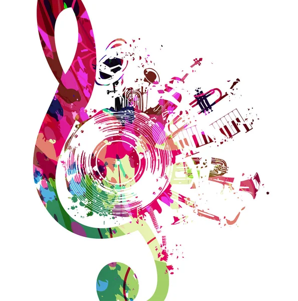 Красочный Музыкальный Плакат Clef Виниловым Диском Векторной Иллюстрацией Музыкальных Инструментов — стоковый вектор