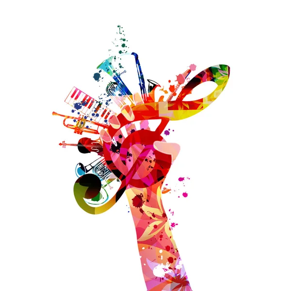 Кольоровий Музичний Плакат Clef Векторною Ілюстрацією Музичних Інструментів Грайливе Тло — стоковий вектор