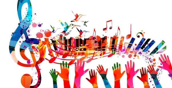 Πολύχρωμη Μουσική Αφίσα Clef Και Μουσικά Όργανα Διανυσματική Απεικόνιση Παιχνιδιάρικο — Διανυσματικό Αρχείο