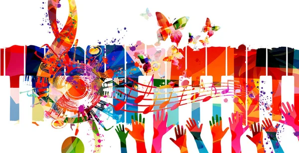 Kleurrijke Muzikale Poster Met Sleutel Muziekinstrumenten Vector Illustratie Speelse Achtergrond — Stockvector