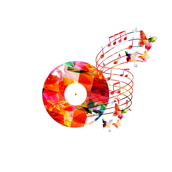Colorido Disco Vinilo Con Notas Musicales Pentagramas Mariposas Para Eventos — Archivo Imágenes Vectoriales