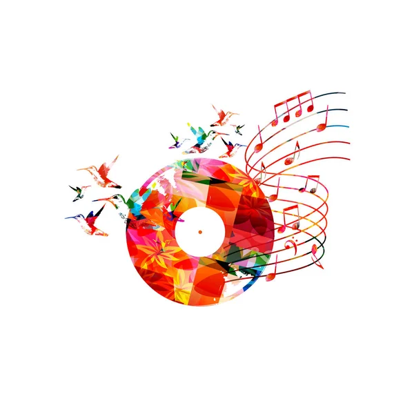 Красочный Виниловый Диск Музыкальными Нотами Птицами Концертных Мероприятий Музыкальных Фестивалей — стоковый вектор