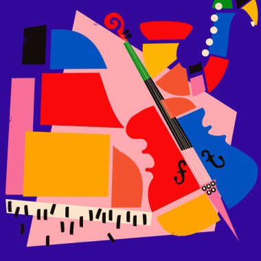 Müzik enstrümanları renkli vektör resimli müzikal promosyon posteri. Violoncello, euphonium ve trompet konser etkinlikleri, caz müzik festivalleri ve gösteriler için, parti broşürleri