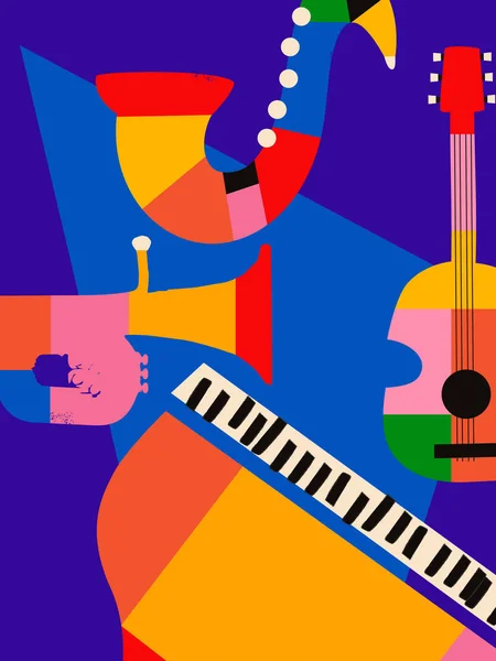Музыкальный Рекламный Плакат Музыкальными Инструментами Красочной Векторной Иллюстрацией Виолончель Евфоний — стоковый вектор