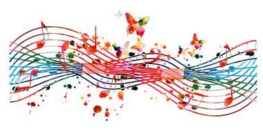 Üzerinde notalar ve kelebek çizimleri olan renkli bir müzik posteri. Canlı konser etkinlikleri, müzik festivalleri ve gösteriler için oyuncu arka planı, parti broşürü  