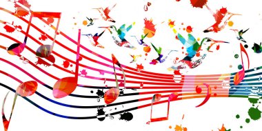 Üzerinde notalar ve uçan kuşlar çizimi olan renkli bir müzik posteri. Canlı konser etkinlikleri, müzik festivalleri ve gösteriler için oyuncu arka planı, parti broşürü 