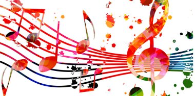 Renkli bir müzik posteri, üç katlı anahtarı ve vektör illüstrasyonu var. Canlı konser etkinlikleri, müzik festivalleri ve gösteriler için oyuncu arka planı, parti broşürü 