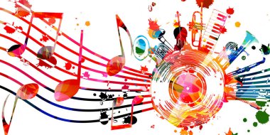 Notalar ve müzik aletleri vektör illüstrasyonlu renkli bir poster. Canlı konser etkinlikleri, müzik festivalleri ve gösteriler için oyuncu arka planı, parti broşürü    