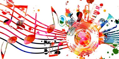 Colorful musical poster with notes and musical instruments vector illustration. Playful background for live concert events, music festivals and shows, party flyer     clipart