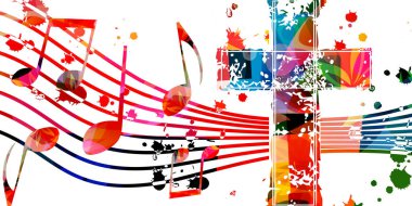 Renkli müzik posteri, notalar ve çapraz vektör çizimi. Canlı konser etkinlikleri, müzik festivalleri ve gösteriler için oyuncu arka planı, parti broşürü 