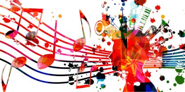 Notalar ve müzik aletleri vektör illüstrasyonlu renkli bir poster. Canlı konser etkinlikleri, müzik festivalleri ve gösteriler için oyuncu arka planı, parti broşürü    