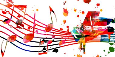 Notalar ve müzik aletleri vektör illüstrasyonlu renkli bir poster. Canlı konser etkinlikleri, müzik festivalleri ve gösteriler için oyuncu arka planı, parti broşürü   