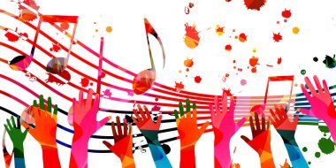 Müzik notaları ve el çizimleri olan renkli bir poster. Canlı konser etkinlikleri, müzik festivalleri ve gösteriler için oyuncu arka planı, parti broşürü 