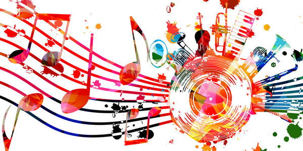 Красочный музыкальный плакат с нотами и векторной иллюстрацией музыкальных инструментов. Игровой фон для концертных мероприятий, музыкальных фестивалей и шоу, вечеринок    