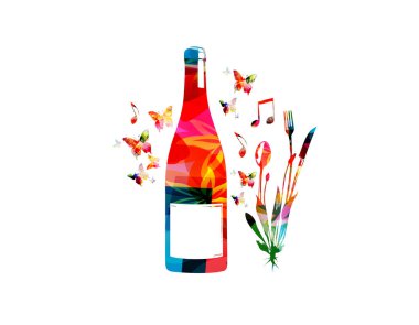 Çatal bıçak takımı, çatal, bıçak ve şarap şişesi. Restoran posteri, restoran menüsü, şarap tatma, müzik etkinlikleri için renkli sofra takımı tasarımı