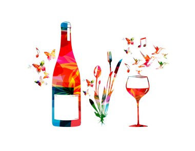 Çatal bıçak takımı, çatal, bıçak ve şarap şişesi. Restoran posteri, restoran menüsü, şarap tatma, müzik etkinlikleri için renkli sofra takımı tasarımı