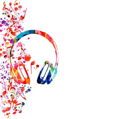 Renkli yaratıcı kulaklıklar izole edilmiş. Kulaklıklı, lekeli ve sıçrama vektörlü. Gadget ve teknoloji konsepti. Müzik, boş zaman ve eğlence zamanı. Konser, parti ve etkinlikler için tasarım