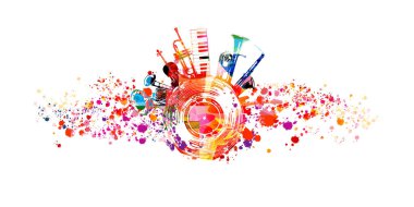 Renkli yaratıcı müzik afişi. Müzik aletleri ve lekeler izole edilmiş vektör illüstrasyonu. Konser etkinlikleri, müzik festivalleri ve gösteriler için vinil diskli soyut oyuncu tasarım. Parti broşürü