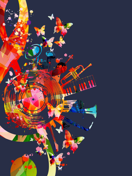 Красочный музыкальный плакат с G-clef, виниловым диском LP и векторной иллюстрацией музыкальных инструментов. Игровой фон для концертных мероприятий, музыкальных фестивалей и шоу, вечеринок