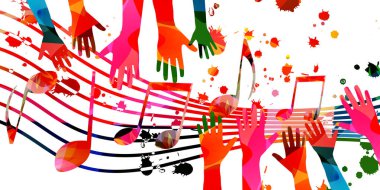 Renkli notalar çalan müzik arkaplanı personel ve el vektör çizimi tasarımı. Sanatsal müzik festivali posteri, canlı konser etkinlikleri, parti broşürü, notalar ve semboller.