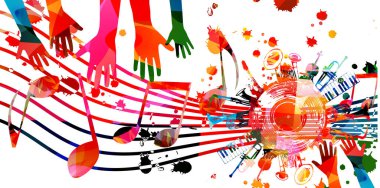 Renkli notalar çalan müzik arkaplanı personel ve el vektör çizimi tasarımı. Sanatsal müzik festivali posteri, canlı konser etkinlikleri, parti broşürü, notalar ve semboller.