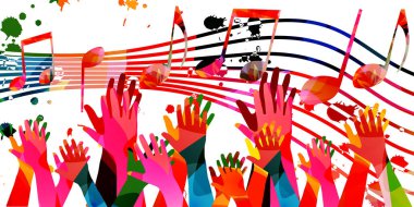 Renkli notalar çalan müzik arkaplanı personel ve el vektör çizimi tasarımı. Sanatsal müzik festivali posteri, canlı konser etkinlikleri, parti broşürü, notalar ve semboller.
