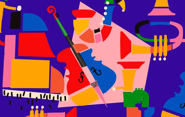 Affiche Session Jazz Multicolore Dessinée Main Avec Piano Saxophone Guitare — Image vectorielle