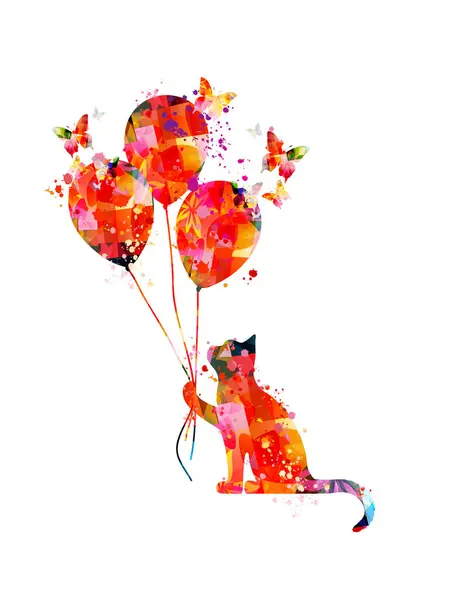 Cute Cat Holding Balloons Vector Illustration — Stock Vector