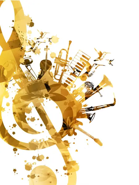 Goldenes Musikalisches Werbeplakat Mit Musikinstrumenten Und Noten Isolierte Vektorillustration Künstlerische — Stockvektor