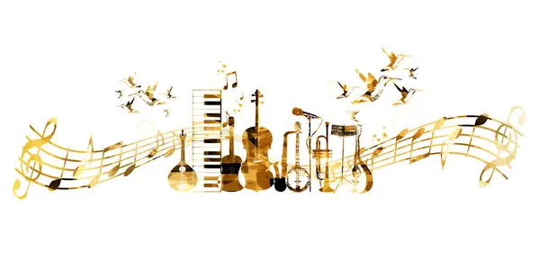 Goldenl Music Instruments Background Hummingbirds — Stock Vector