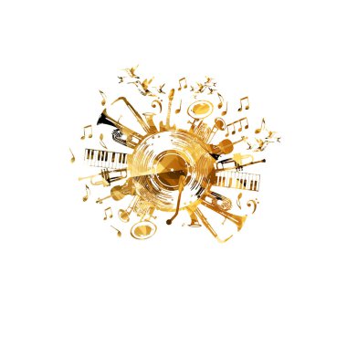 Altın müzik enstrümanları ve vinil plak diski olan müzik arkaplanı 
