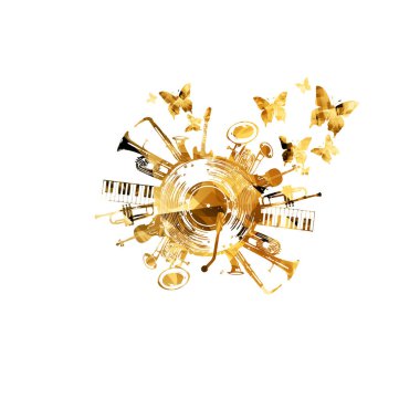 Altın müzik enstrümanları ve vinil plak diski olan müzik arkaplanı