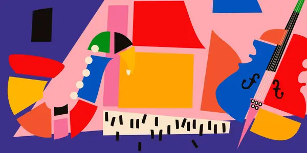 Collage Musical Vibrant Avec Violoncelle Saxophone Piano — Image vectorielle
