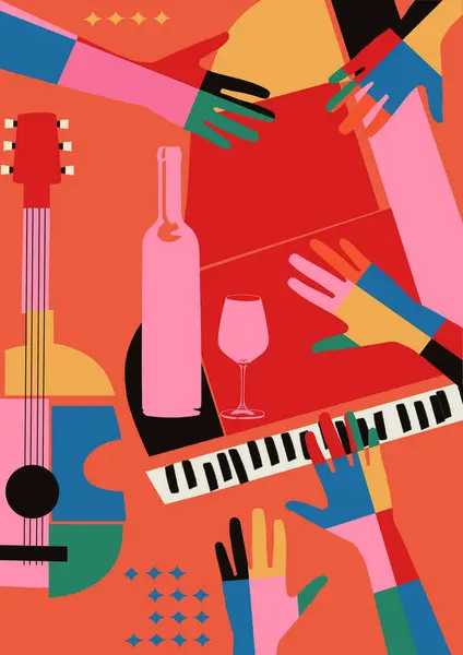 Bunte Flache Handgezeichnete Poster Für Eine Cocktailparty Mit Live Musik Stockvektor