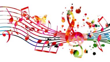 Renkli müzik animasyon notaları. Sanatsal müzik festivali animasyonu, canlı konser etkinlikleri, müzik notaları ve sembolleri.