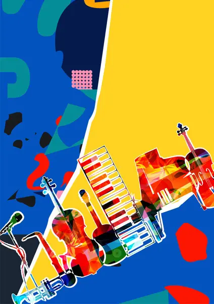 stock vector Musical background, listen and download music concept. Colorful party poster with music instruments