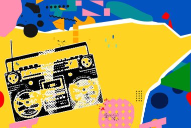 Müzik kolajı arka planında retro radyo var. Müzik konseri, festival, parti, etkinlik için tasarım. Soyut unsurları olan renkli yaratıcı müzik posteri 