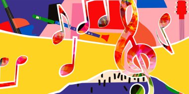 Musical background, play and download music concept. Musical notes on colorful backdrop. G-clef party poster clipart