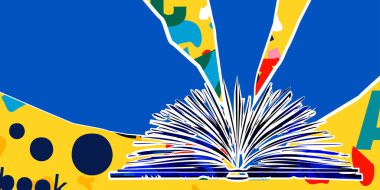 Okuma ya da kitap inceleme konsepti. Renkli arkaplanda kitap vektörünü aç. Kütüphane çevrimiçi tasarımı