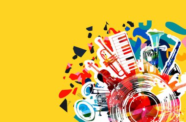 Renkli müzik enstrümanlarıyla müzik arkaplanı ve klasik disk vektör illüstrasyonu. Çifte çan öforyumu, keman, trompet, piyano, öforyum, saksafon ve gitar içeren müzik festivali posteri