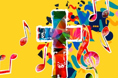 Yaratıcı müzik tarzı tasvir vektör çizimi, müzik kadrosuyla renkli haç ve notalar. Kilise müziği ve konser için din temalı tasarım, koro şarkıları, Hıristiyanlık, dua