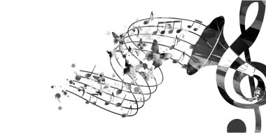 Müzik arkaplanı siyah ve beyaz müzik notaları vektör illüstrasyon tasarımı. Sanatsal müzik festivali posteri, canlı konser etkinlikleri, parti broşürü, notalar ve semboller.