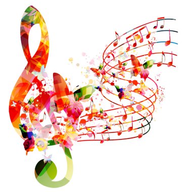 Renkli notalar ve izole kelebeklerle dolu canlı bir müzik geçmişi var. Vektör çizimi. Sanatsal müzik festivali posteri, canlı konser etkinlikleri, parti broşürü, notalar ve semboller.