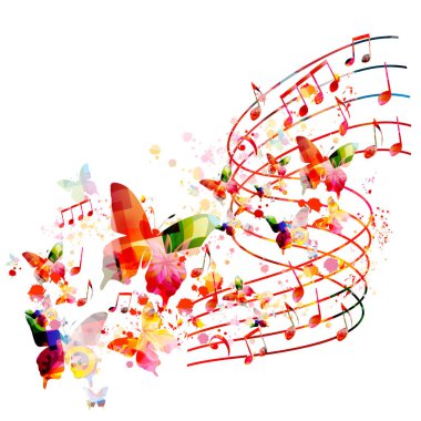 Renkli notalar ve izole kelebeklerle dolu canlı bir müzik geçmişi var. Vektör çizimi. Sanatsal müzik festivali posteri, canlı konser etkinlikleri, parti broşürü, notalar ve semboller.